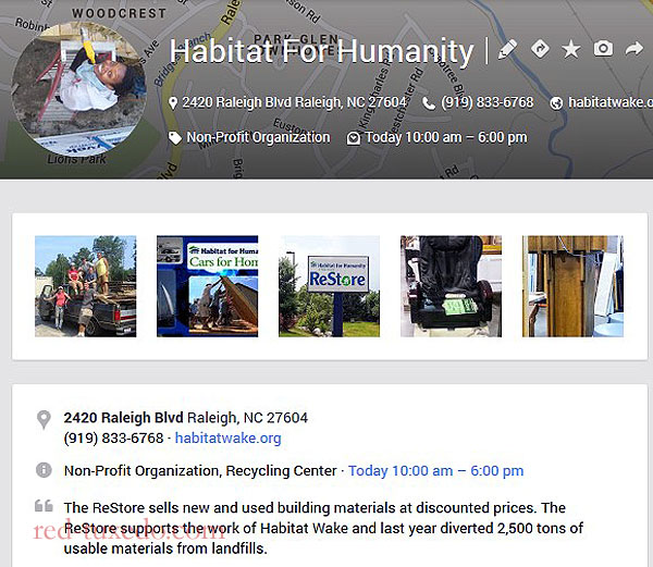Habitat for Humanity Raleigh Restore, Google places page.